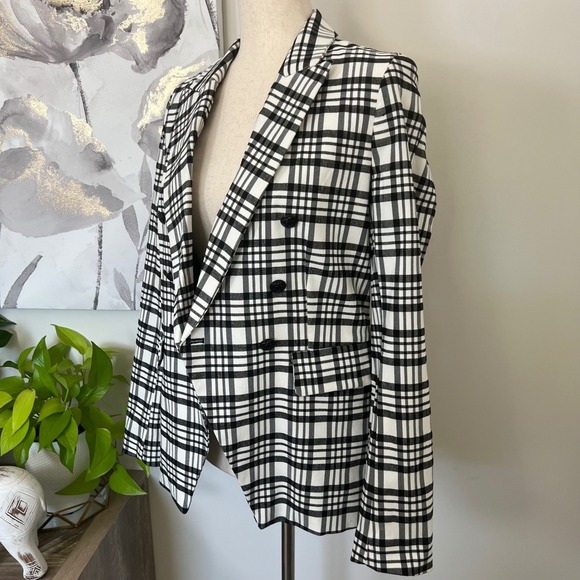 Womens Blazer Medium Black White Plaid Double Breasted Jacket Preppy Academia - Picture 2 of 10